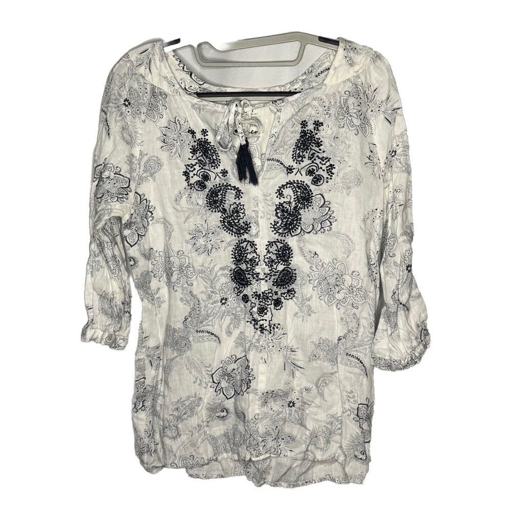 Anthropologie Malvin I Love Linen Blouse Embroidered Floral Top Sz Small